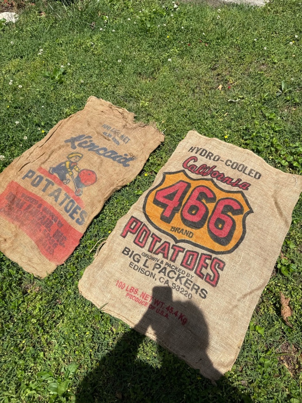 Vintage burlap potato sack. Dean Kincaid Potatoes/ California-based "466"